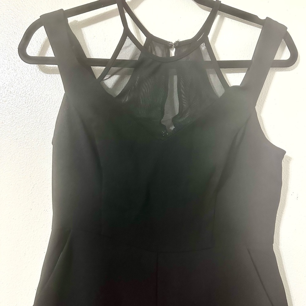 bebe Black Strapless Jumpsuit with Sheer Mesh Halter Yoke